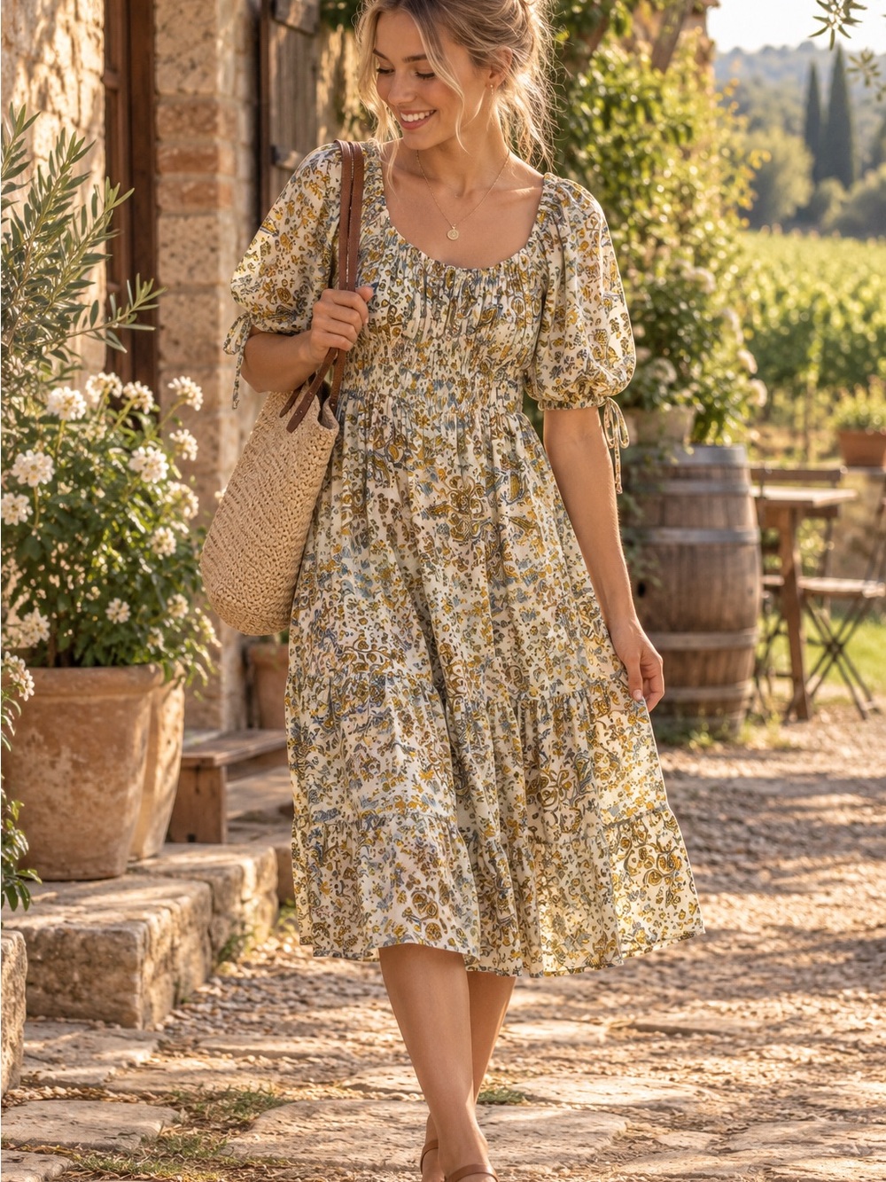 Angie Floral Puff-Sleeve Midi Dress in Cream and Olive
